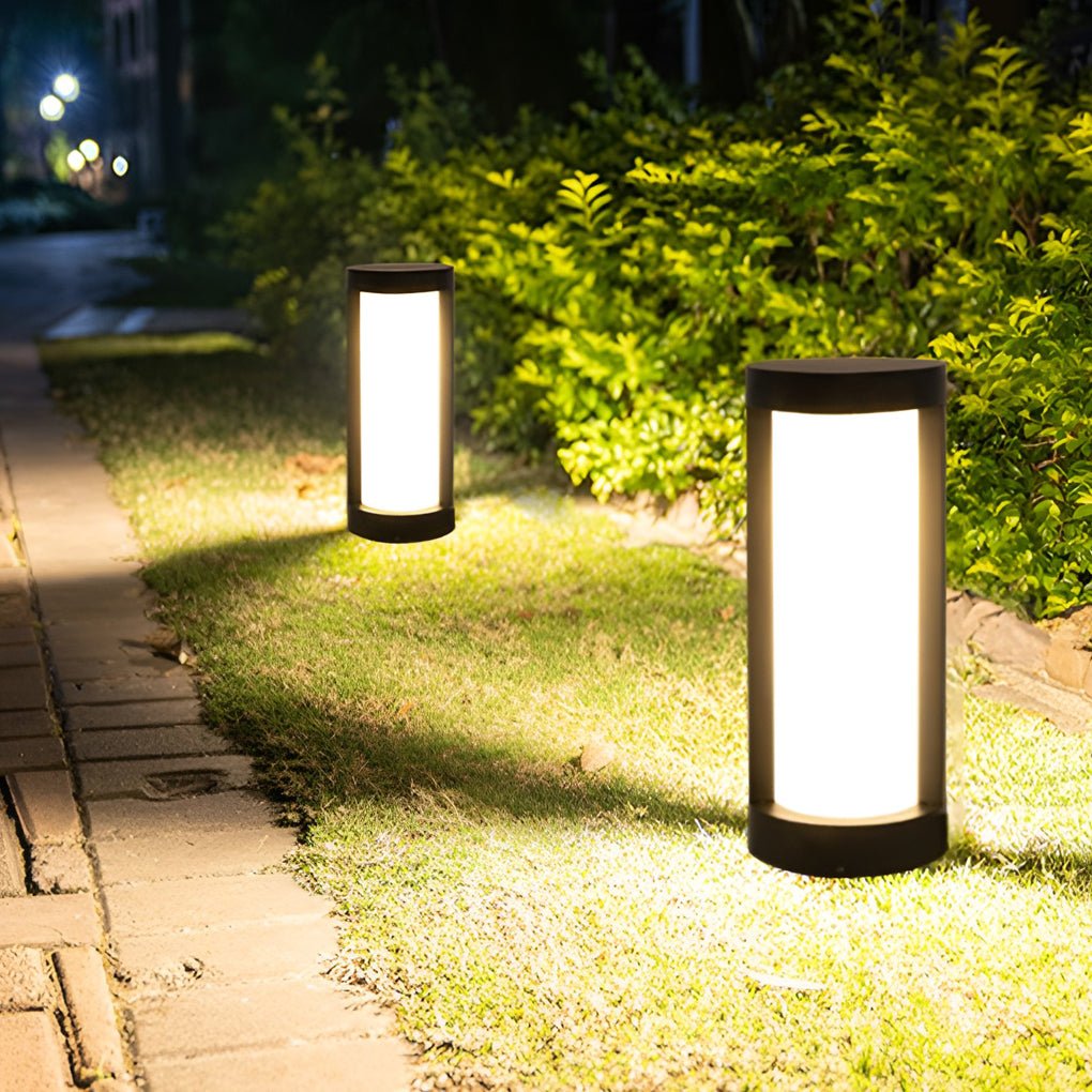 Black Cylindrical LED Pathway Bollard Lights Solar and Wired Outdoor Lighting Solutions