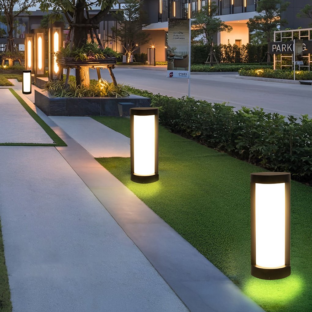 Black Cylindrical LED Pathway Bollard Lights Solar and Wired Outdoor Lighting Solutions