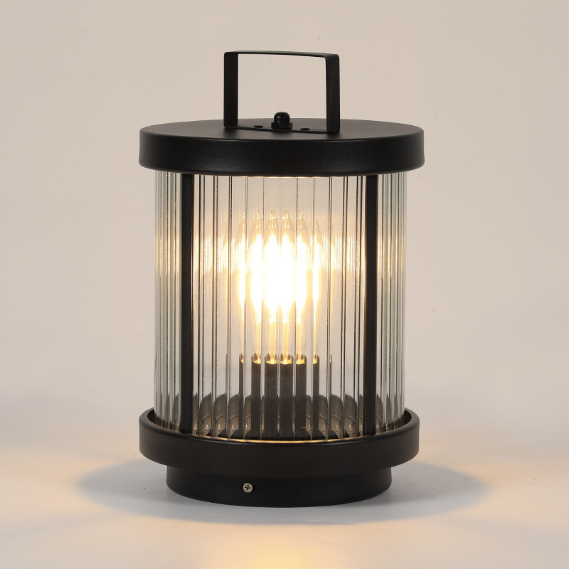 Striped Glass Cylindrical Waterproof Portable Solar Outdoor Lanterns